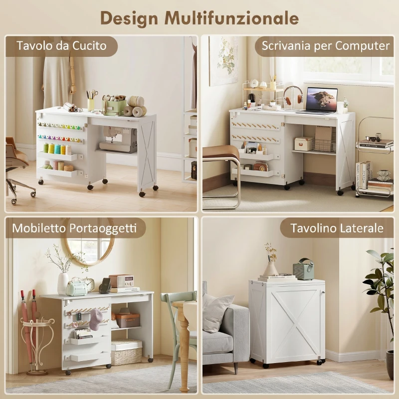 HOMCOM Mobile per Macchina da Cucire Pieghevole con 2 Contenitori, Mensola Inferiore, 18 Pioli per Bobine, Ruote, Bianco