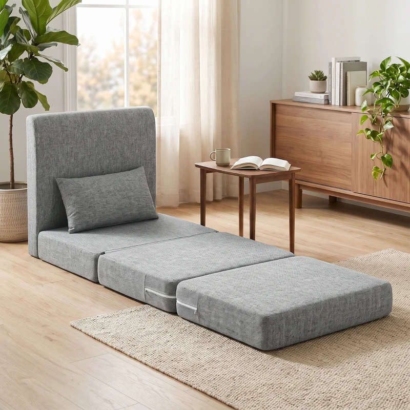 HOMCOM Fotoliu Pat Pliabil de Podea cu 3 Secțiuni Economisitor de Spațiu, din Material Textil, 80x75x74 cm, Gri(m-12)