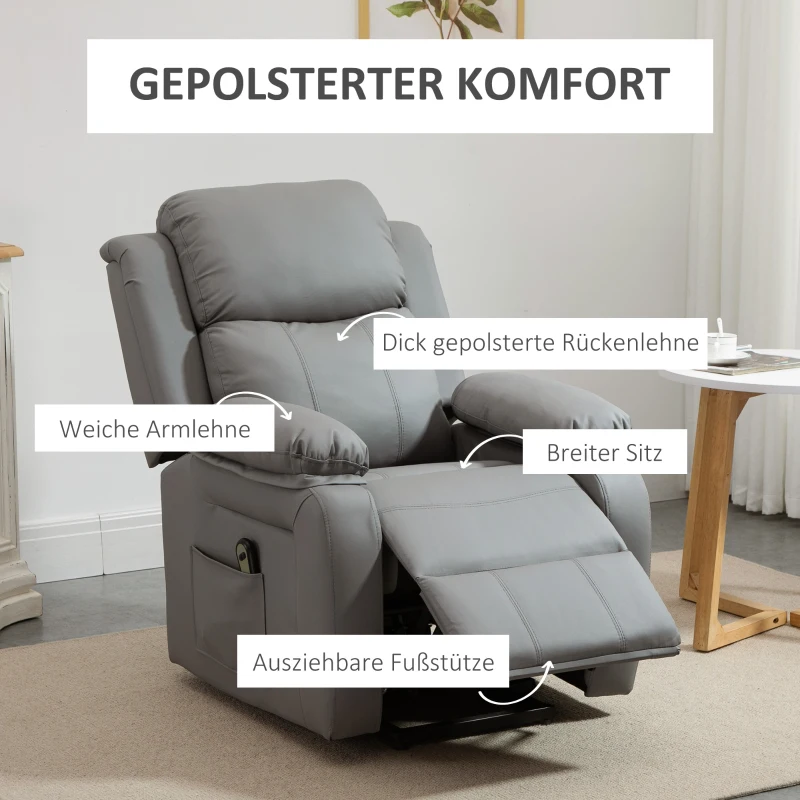 HOMCOM Elektrische opsta-fauteuil, afstandsbediening, kunstleerbekleding, gestoffeerde fauteuil met opsta-functie, Grijs