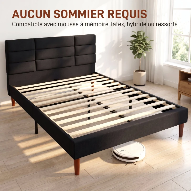 HOMCOM Cadre de Lit 140 x 200 cm avec Sommier Bois, Lit Double Rembourré en Effet Lin, Rangement au-dessous, Sans Bruit, Noir