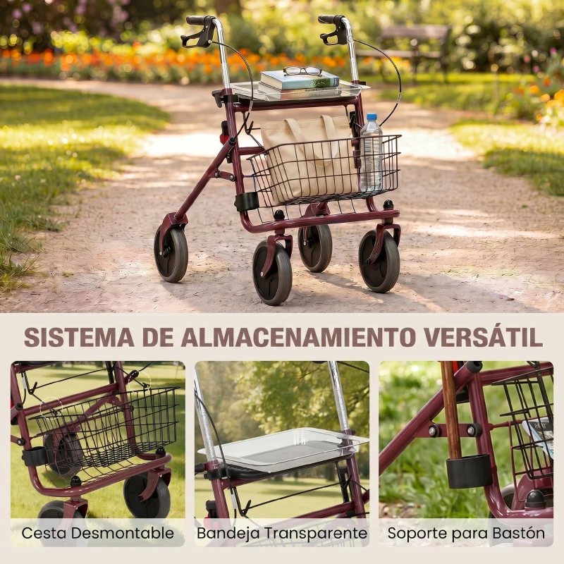 HOMCOM Andador para Ancianos Plegable con Asiento 4 Ruedas Altura Ajustable Frenos de Maneta Cesta Bandeja Porta Bastón Rojo