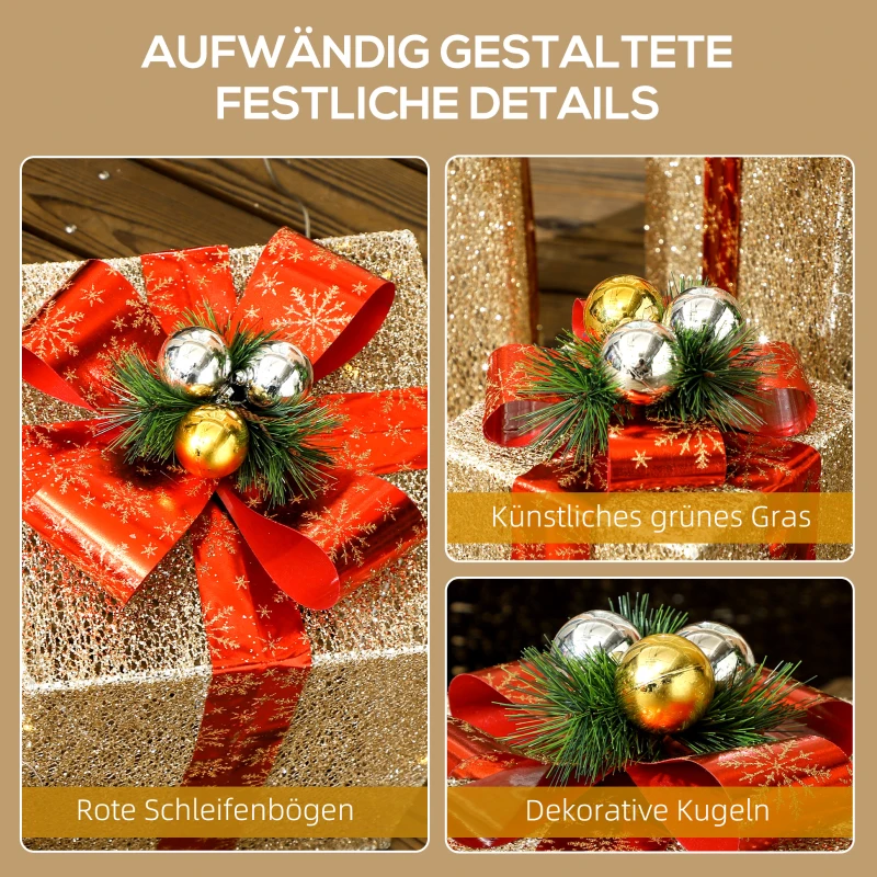 Outsunny 3-delige Kerstdecoratie Geschenkdozenset voor Binnen- en Buitendecoratie, met 58 LED-lampjes, Goudtint