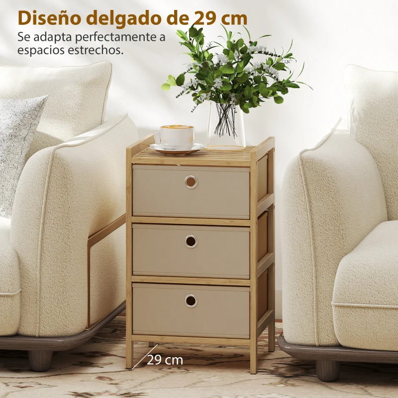 HOMCOM Cómoda con 3 Cajones de Tela Estructura de Bambú Cajonera para Espacios Pequeños Crema y Natural