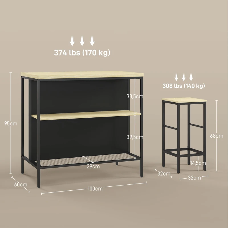 HOMCOM Barset, 2 Barkrukken & 1 Bartafel, vlekbestendig, stabiel, Staalframe, Zwart/Eik