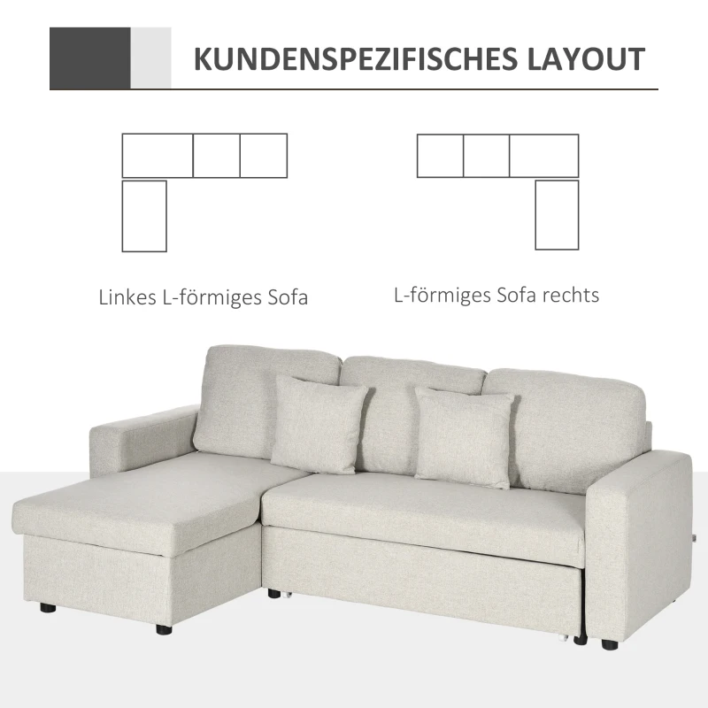 HOMCOM Slaapbank Hoekbank met Bedfunctie, inclusief 2-Zits Sofa, Eenpersoonsbed, L-vorm met Opbergruimte, 2 Kussens Crèmewit(m-6)