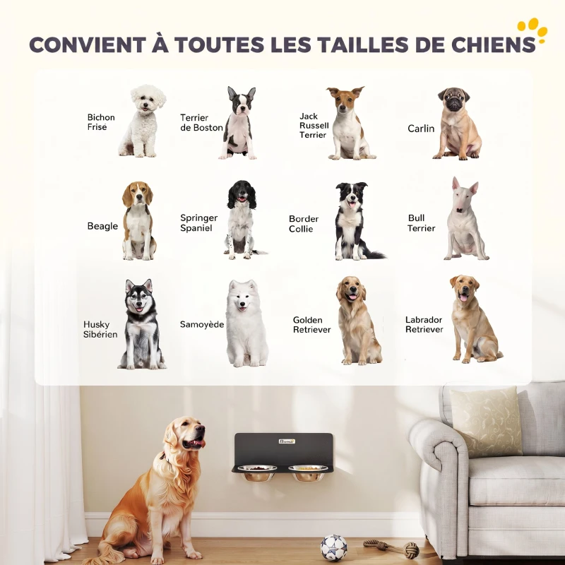 PawHut Gamelle Bol pour Chien Double Gamelle Support Mural 2 Bols Acier Inox 800ml Hauteur Réglable 42x23,5x14cm Noir