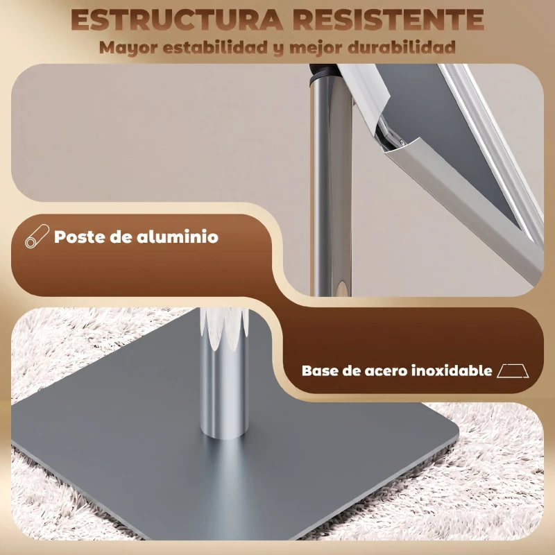 HOMCOM Soporte para Carteles A3 Altura Ajustable, Giratorio 360° Marco de Aluminio y Acero Inoxidable Plata