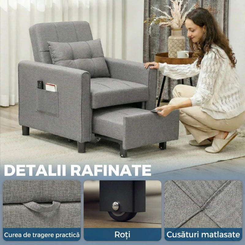 HOMCOM Canapea Extensibilă cu Spătar Reglabil, Gri Deschis