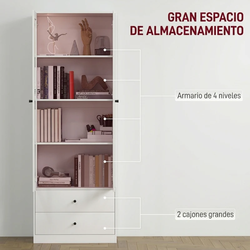 HOMCOM Aparador de Cocina con Armario y 2 Cajones, Puertas de Vidrio y Estantes Regulables, 59x30x164 cm, Blanco