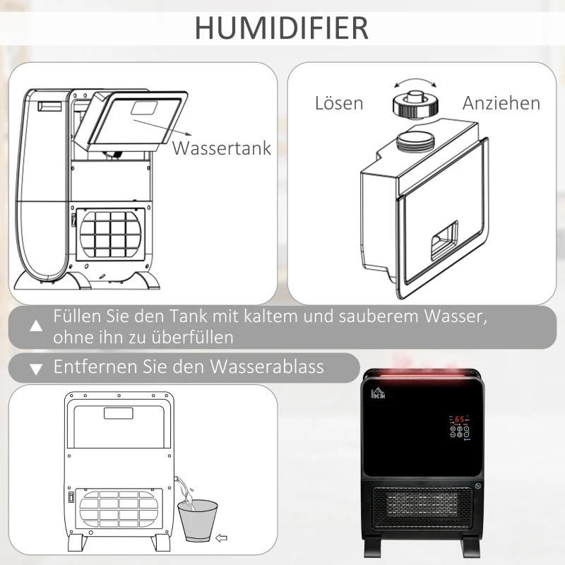HOMCOM 2 in 1 luchtverhitter met afstandsbediening luchtbevochtiger keramisch LED licht bevochtigingsfunctie 8-uurs timer kachel verwarming 2000W ABS zwart 33 x 21 x 49.5 cm