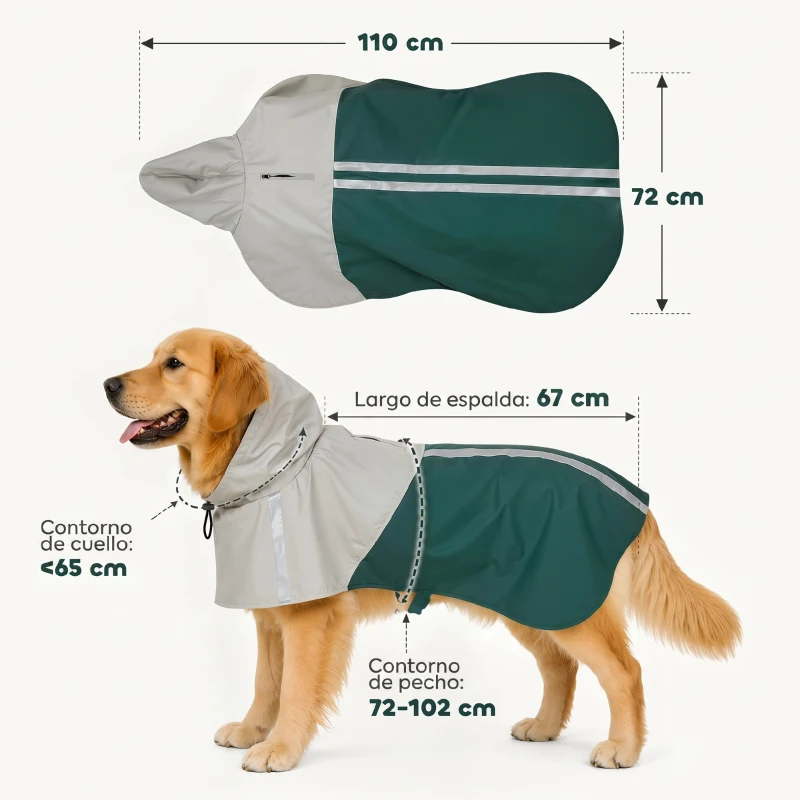 PawHut Impermeable para Perros con Capucha Chubasquero Agujero para Correa Tiras Reflectantes Perros Grandes 20-30 kg L Verde