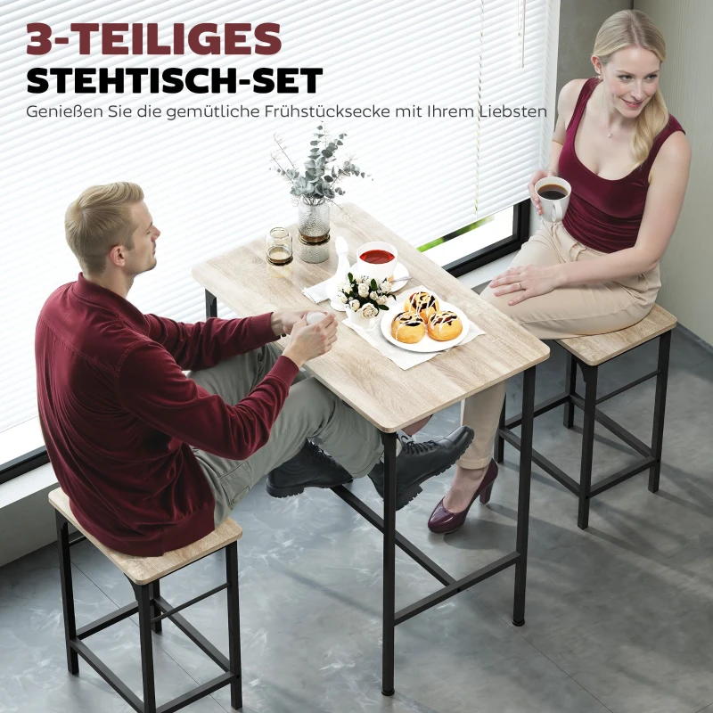 HOMCOM Bartafel Set met Barkrukken Eettafel met 2 Stoelen met Antislip Voetpad Natuurlijk Hout