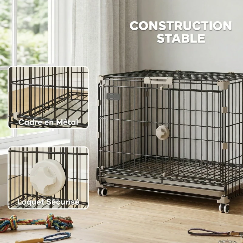 PawHut Cage pour Chien, Plateau Amovible, Roues avec Freins, Toit Ouvrant Verrouillable, 60,5x45,5x54,5cm, Noir