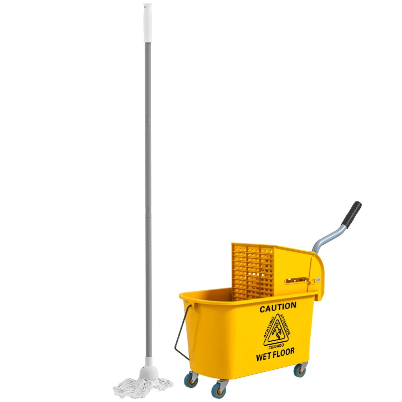 HOMCOM Schoonmaakwagen 20L Poetswagen met Pers en Veegset, Emmer incl. Mop, Rol(m-10)