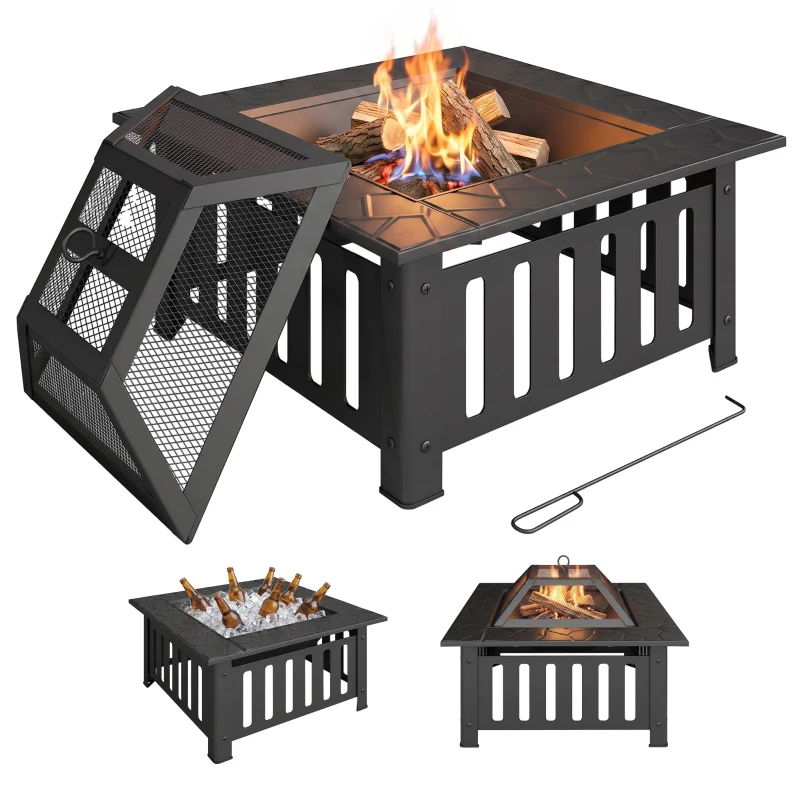 Outsunny Feuerschale aus Stahl Feuerstelle mit Funkenschutz Schürhaken für Outdoor Camping 67x67x47cm Schwarz