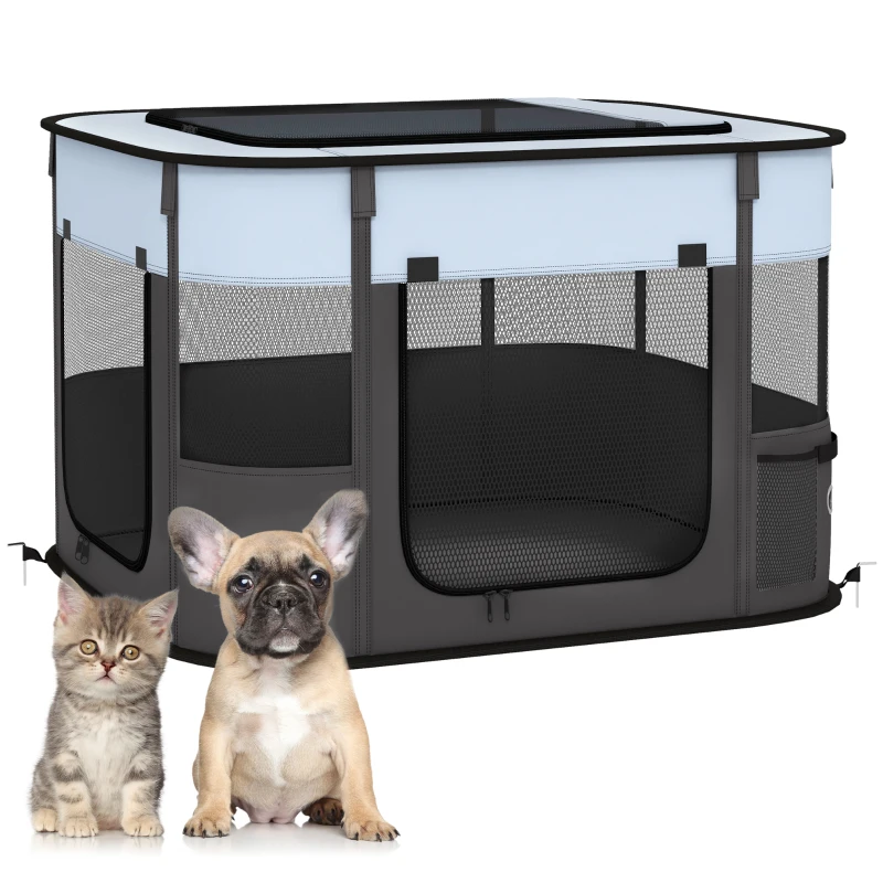 PawHut Opvouwbare Speelren voor Huisdieren, met Opbergtas, voor Puppies en Kittens, Binnen en Buiten, Grijs