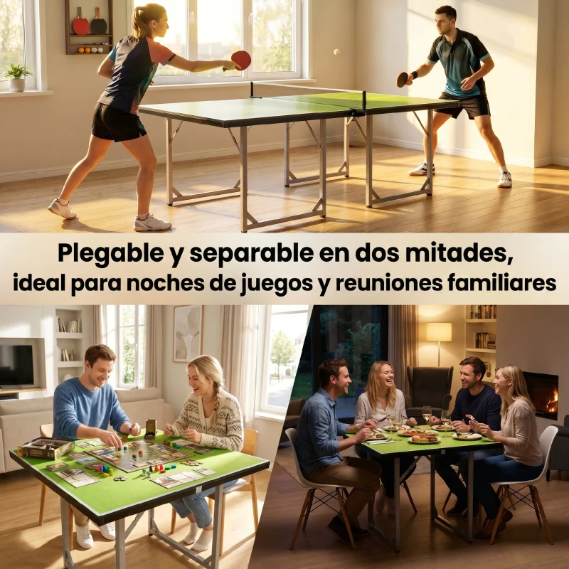 HOMCOM Mesa de Ping-Pong Plegable con Red y Marco de Acero Fácil de Transportar para Interior 182x91x76 cm Verde