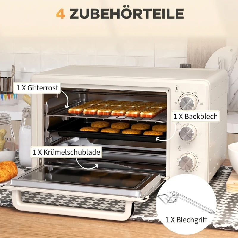 HOMCOM Minioven, 3 Kookmodi, tot 230° C, 1400W, met Accessoires, 46x38,5x29cm, Crème(m-6)