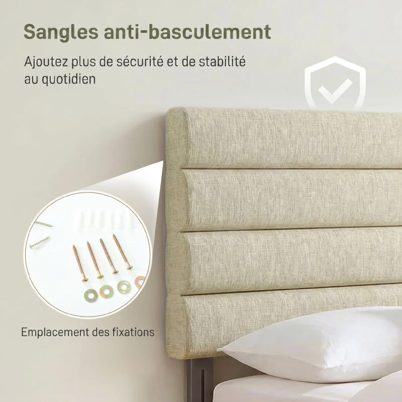 HOMCOM Tête de Lit Capitonnée, Hauteur Ajustable en 3 Niveaux avec Pieds en Métal pour Chambre, 140 x 10 x 106/116/126 cm Beige