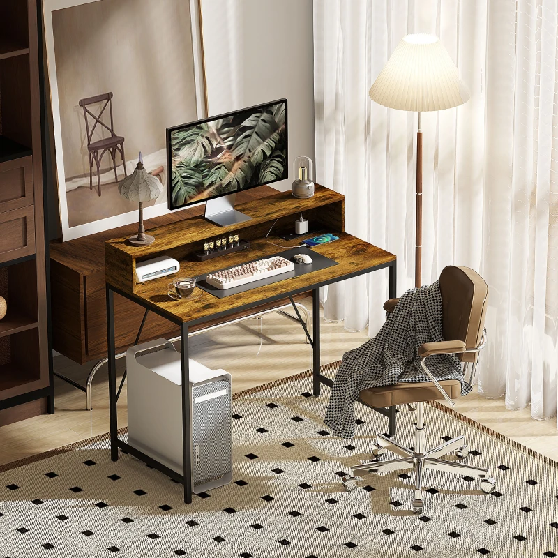 HOMCOM Computertafel met Aansluitingen, Bureau met Monitorstandaard en Plank, voor Thuiskantoor, Bureau, Werkkamer, Bruin
