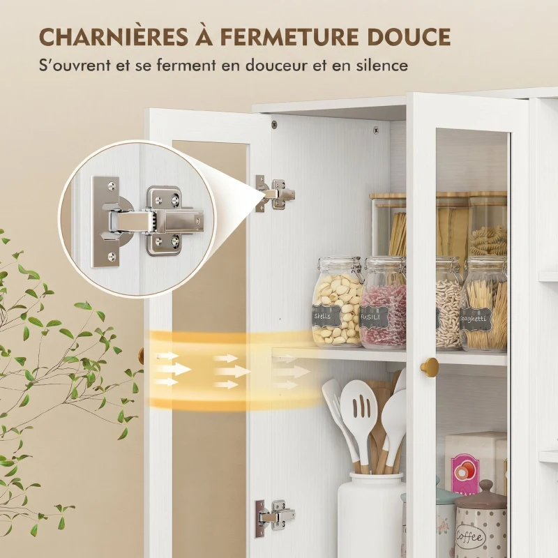 HOMCOM Buffet haut cuisine, vaisselier vitrine avec 4 portes à fermeture douce en verre trempé, 90x35x172cm, blanc