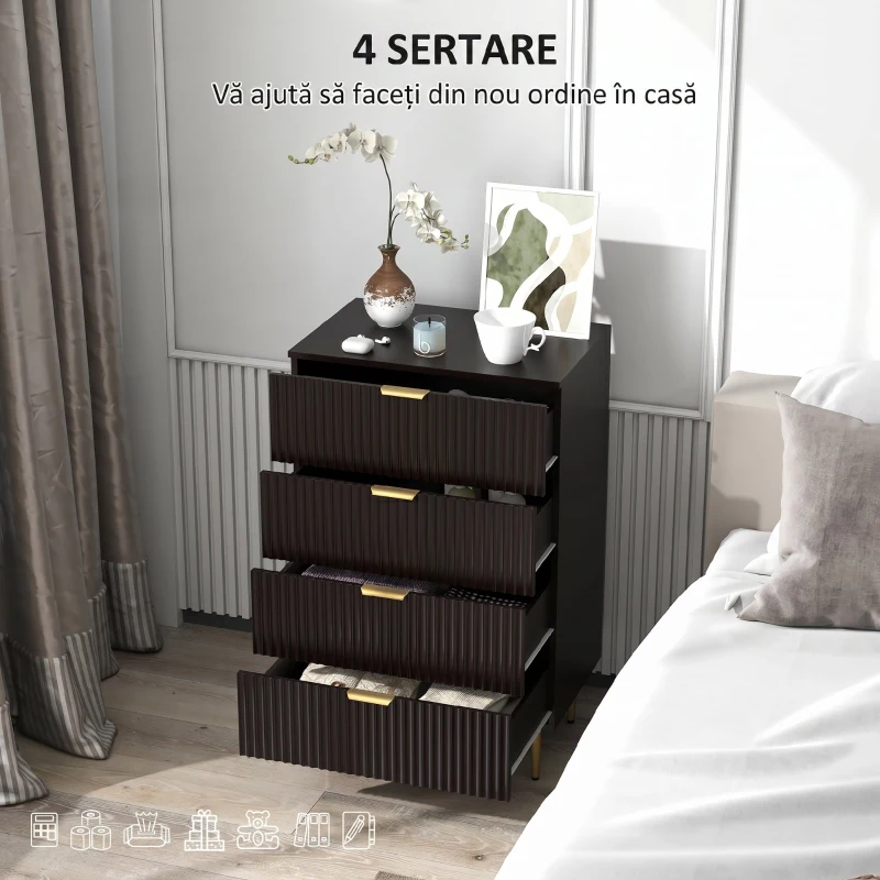 HOMCOM Comodă Modernă cu 4 Sertare și Mânere Aurii, Negru