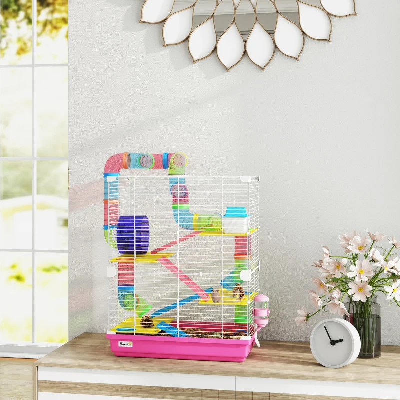 PawHut Cage pour Hamster Rongeur 5 Étages avec Tunnels, Mangeoire, Roue, Maison, Échelles, 46 x 30 x 58 cm, Rose