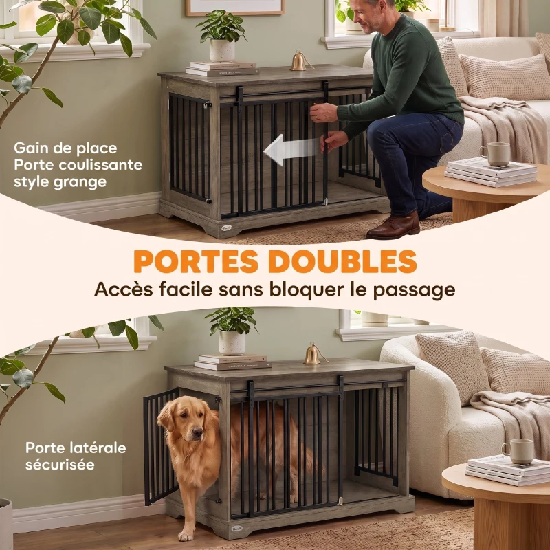 PawHut Cage pour Chien en Bois et Acier avec Porte Coulissante, Table d'Appoint, Niche Moderne, 100x60x68cm, Gris-Marron Clair