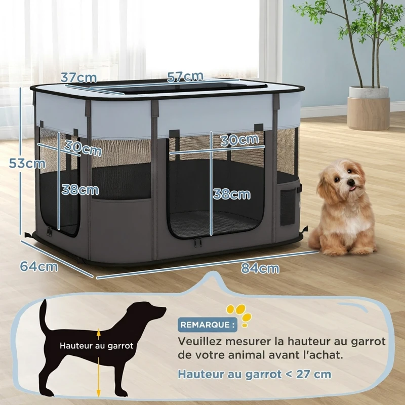 PawHut Parc enclos pliable pour chien chat petits animaux en tissu Oxford avec rangement 84 x 64 x 53 cm gris et noir(m-3)