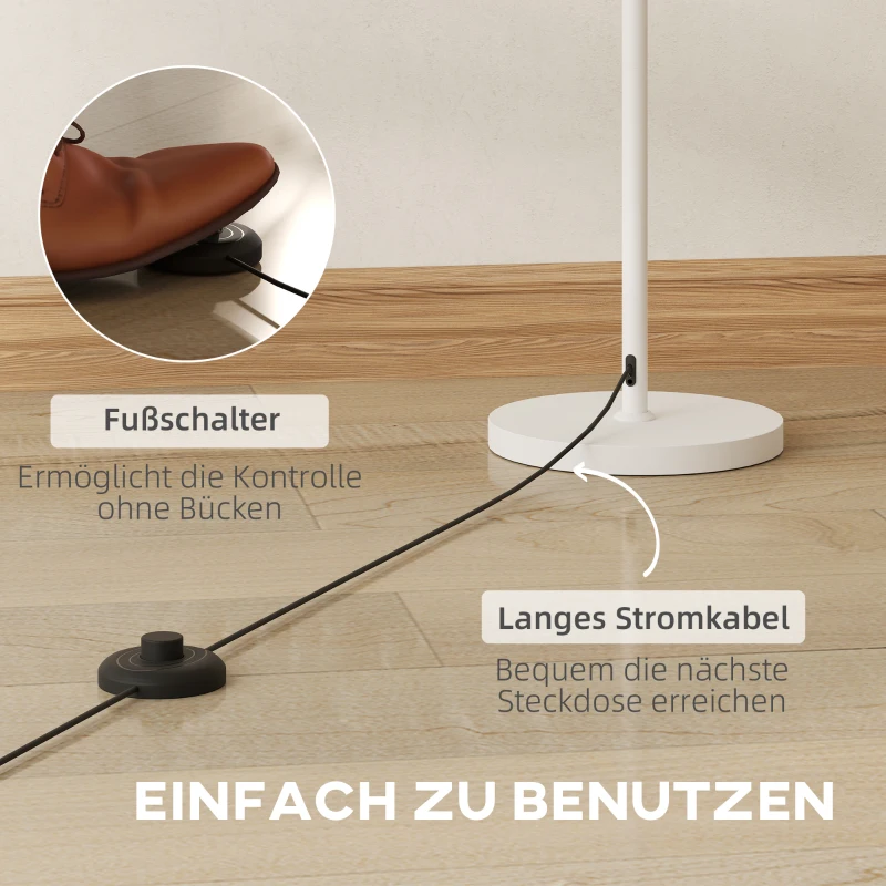 HOMCOM Vloerlamp in retro stijl, kunststof lampenkap, voetschakelaar, metalen staaf, Wit