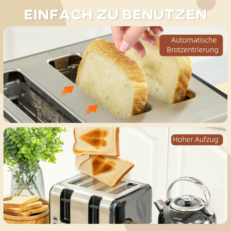 HOMCOM Waterkoker- en Broodrooster-set, 7 Bruiningsniveaus, 1,7 L, Kunststof, RVS, Zwart