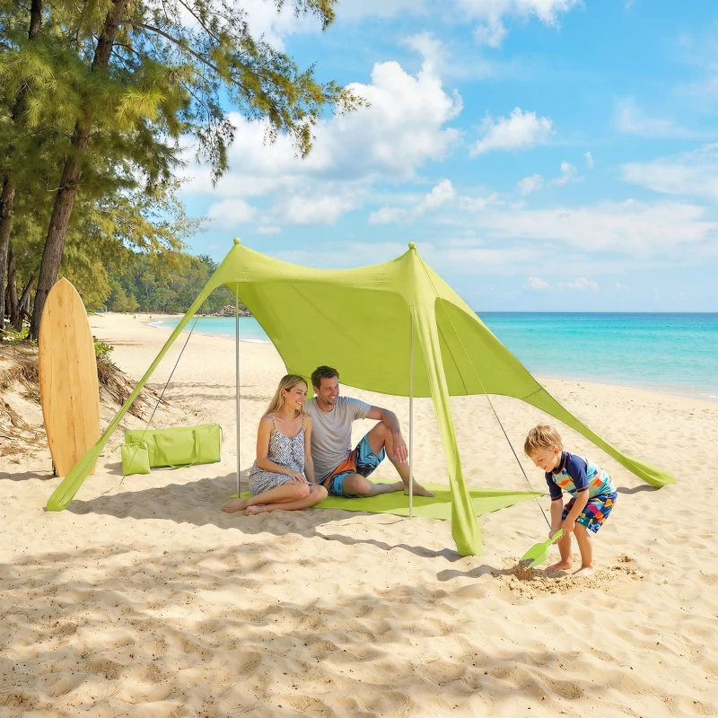 Outsunny Tenda de Praia Dobrável com Tapete UPF50+ Postes de Alumínio Pá Estacas e Bolsa de Transporte 208x200 cm Verde