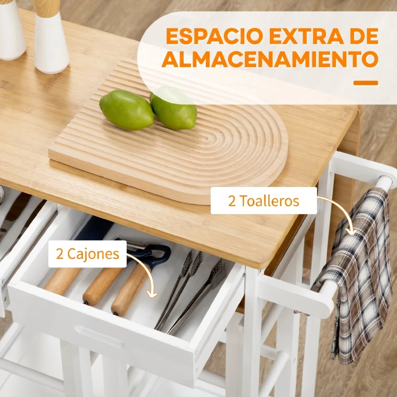 HOMCOM Juego de Mesa Alta de Bar y 2 Taburetes con Ruedas Mesa Plegable de Cocina con Taburetes 86x75,5x83,5 cm Natural