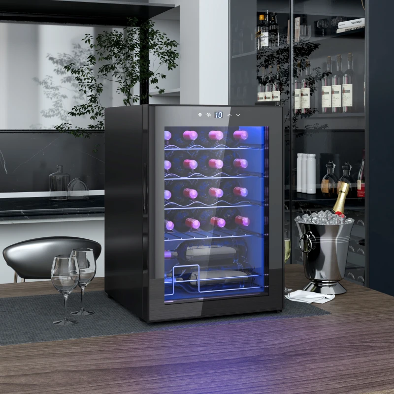 HOMCOM Kleine wijnkoelkast, mini-koelkast voor 20 flessen, 53 liter capaciteit, met glazen deur, LED-verlichting, zwart(m-2)