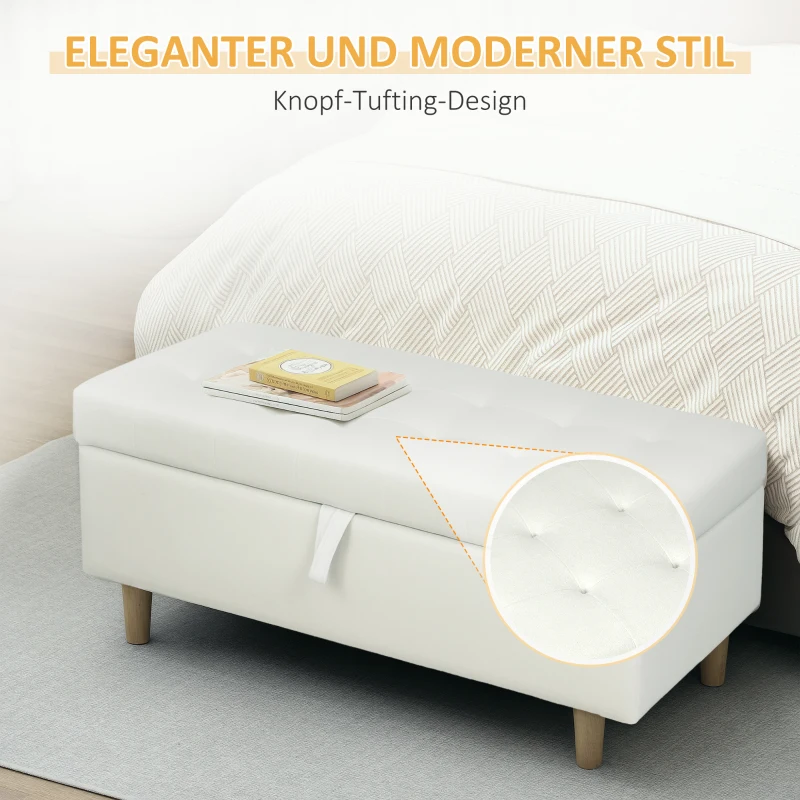 HOMCOM Opberg hocker, houten poten, zachte stofbedekking, Crème-wit(m-8)