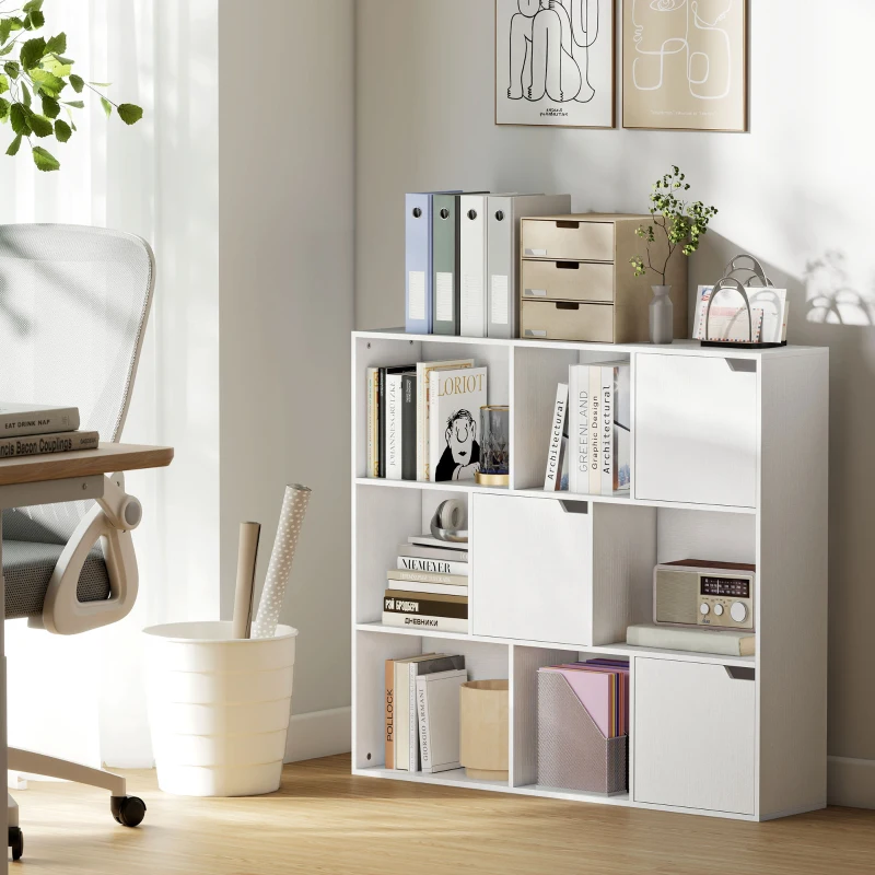 HOMCOM Bibliotecă modulară cu 6 secțiuni deschise și 3 închise, din lemn alb, 106x24x95 cm