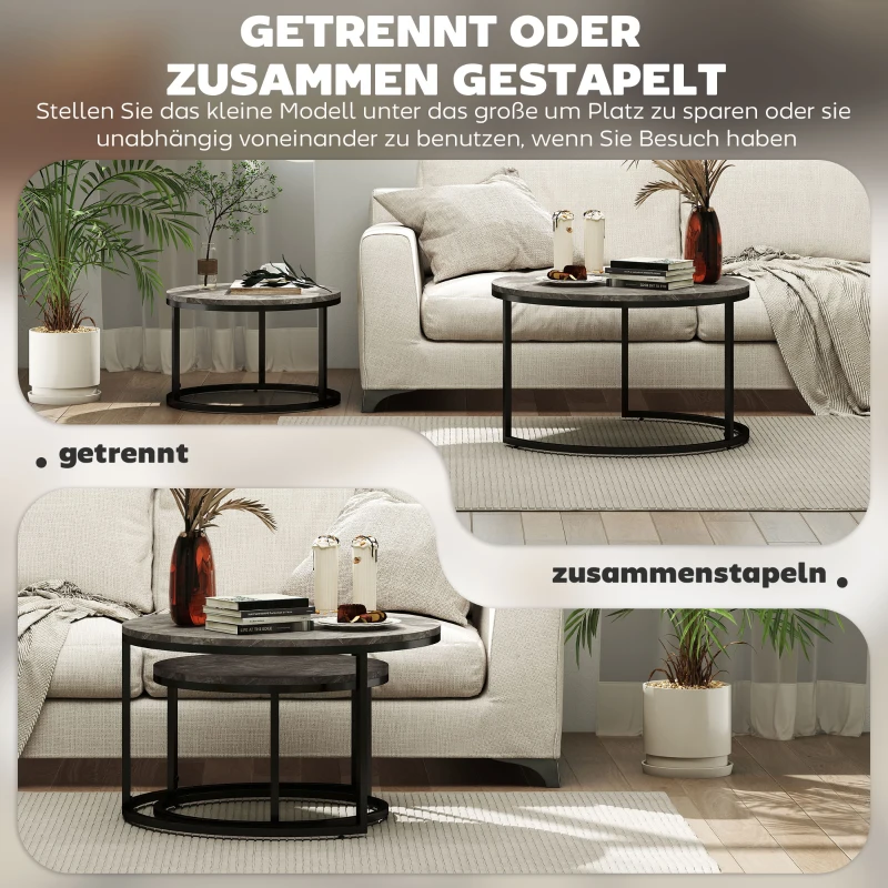 HOMCOM 2-delige set ronde salontafels, stapelbare bijzettafels met metalen frame, woonkamertafel met marmerlook, Koffietafel, Grijs(m-5)