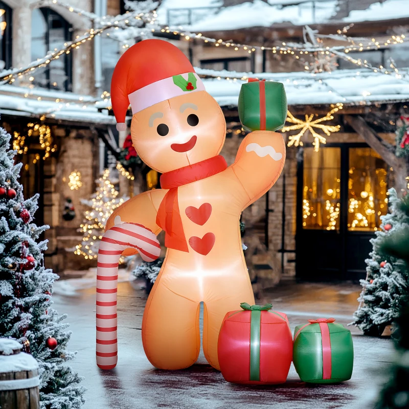 Outsunny 245 cm Opblaasbare Kerstdecoratie voor buiten – Gingerbread Man met geïntegreerde LED-verlichting, opblaasbare outdoor kerstversiering met zuurstok, ideaal voor tuin, grasveld en feest