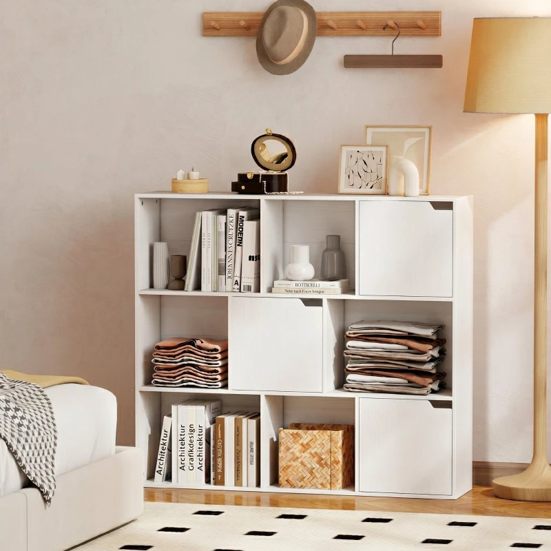 HOMCOM Bibliotecă modulară cu 6 secțiuni deschise și 3 închise, din lemn alb, 106x24x95 cm