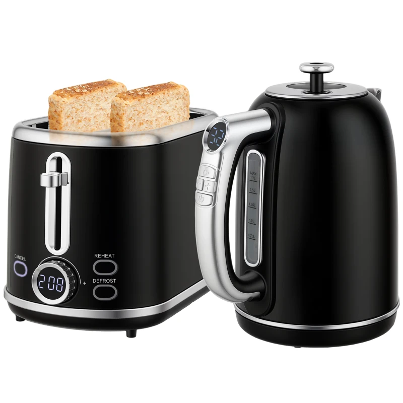 HOMCOM Set waterkoker en broodrooster, LED-display, 1,7 liter, 2200 W, retro-design, geheugenfunctie, zwart(m-11)