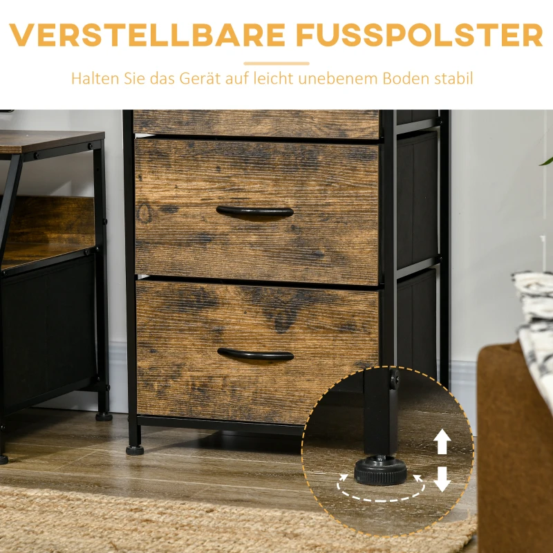 HOMCOM Opbergkast met Stoffen Laden, MDF Planken, Stalen Frame, Rustiek Bruin