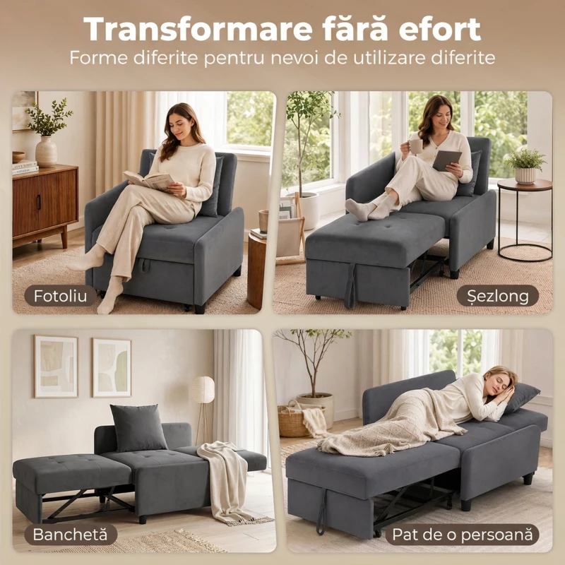 HOMCOM Fotoliu Extensibil 4 în 1 Tapițat, Rabatabil 3 Poziții, Catifea cu Roți, 73x90x83 cm, Gri Închis