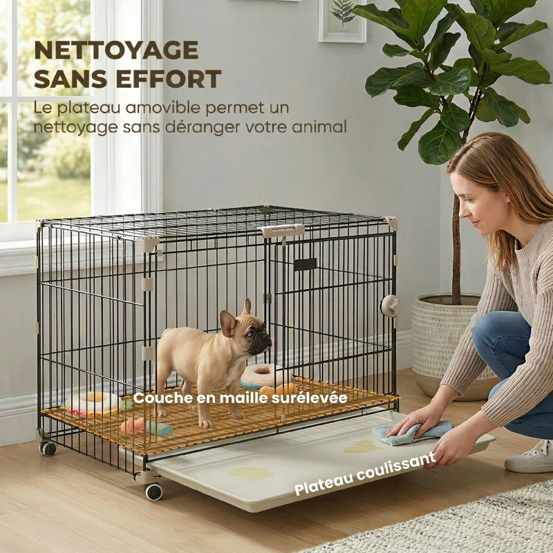 PawHut Cage pour Chien, Plateau Amovible, Roues avec Freins, Toit Ouvrant Verrouillable, 75,5x46x64,5cm, Noir