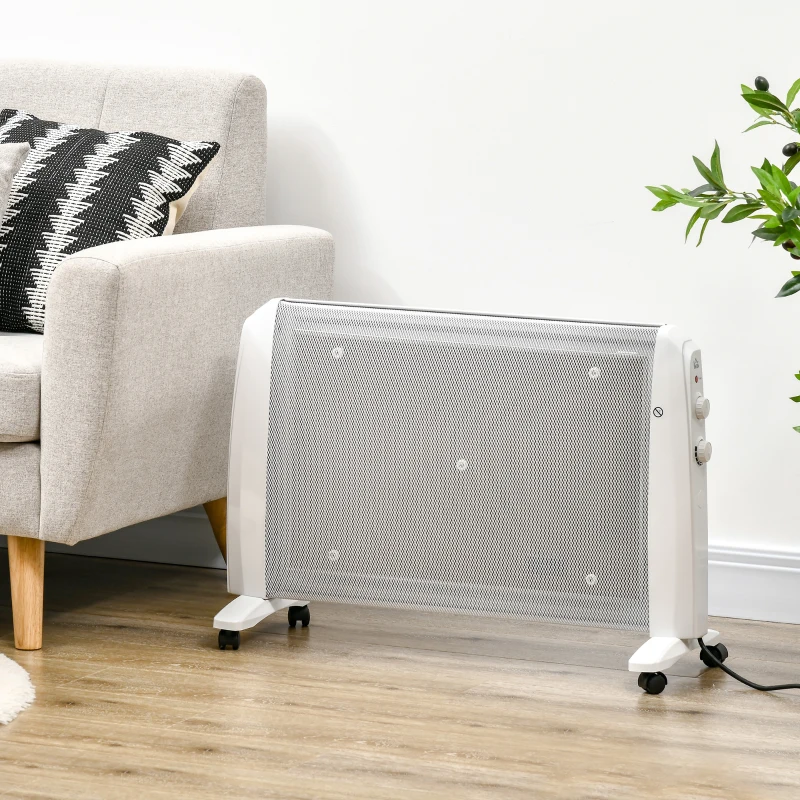 HOMCOM Radiator Electric Mică 1000W/2000W cu Termostat Reglabil, 15-20 m², 4 Roți, 79x27x54 cm, Alb