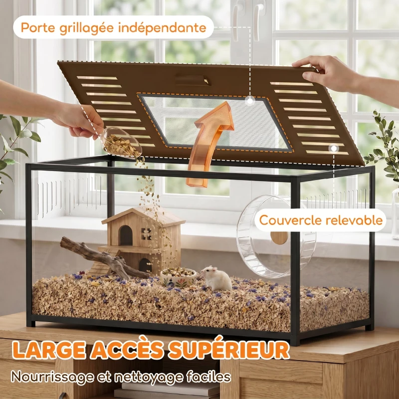 PawHut Cage Hamster Habitat Rongeur Vue Panoramique 360° Structure Robuste en Métal Espace Étanche Profond 100x50x52,5 cm Noir