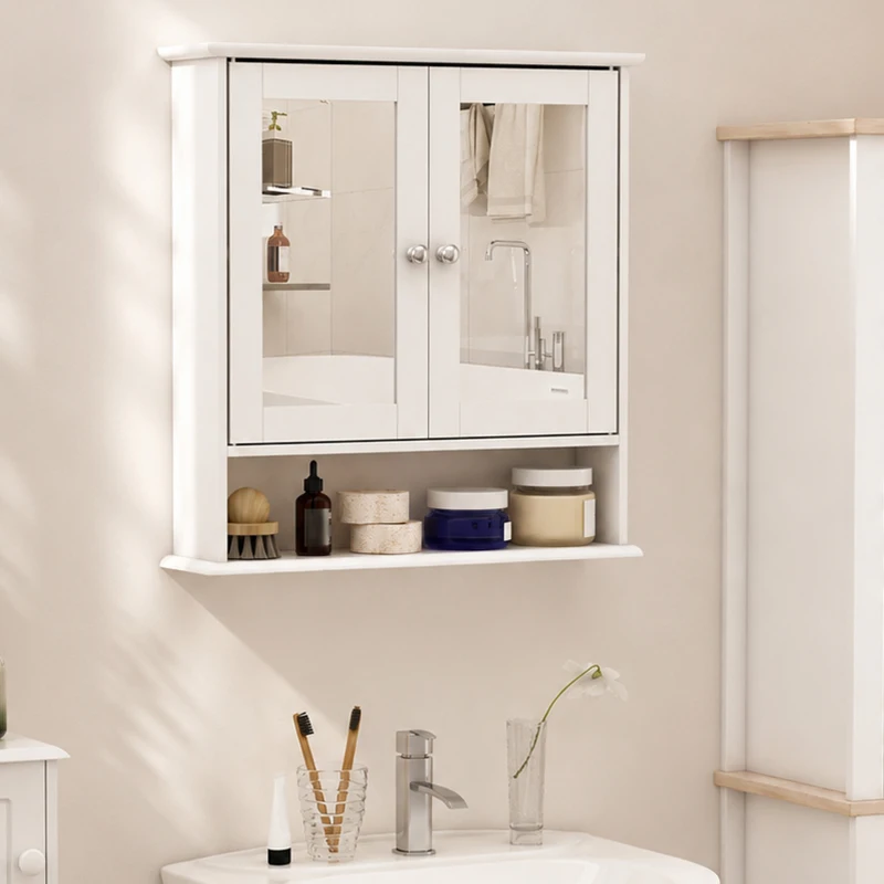 kleankin Armario de Baño con Espejo, Armario de Pared con 2 Puertas, Estante Abierto, Estante Ajustable, Mueble de Baño Colgar para Cocina, Salón, 56x13x58 cm, Blanco