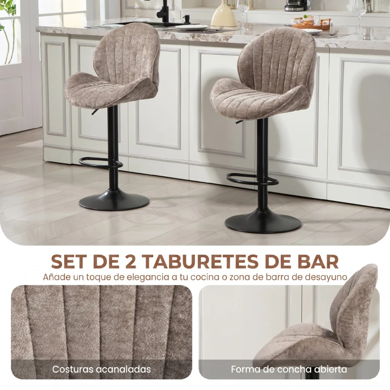 HOMCOM Juego de 2 Taburetes de Bar Giratorios con Altura Ajustable 62-83 cm Tapizada en Chenilla Respaldo y Reposapiés Moca