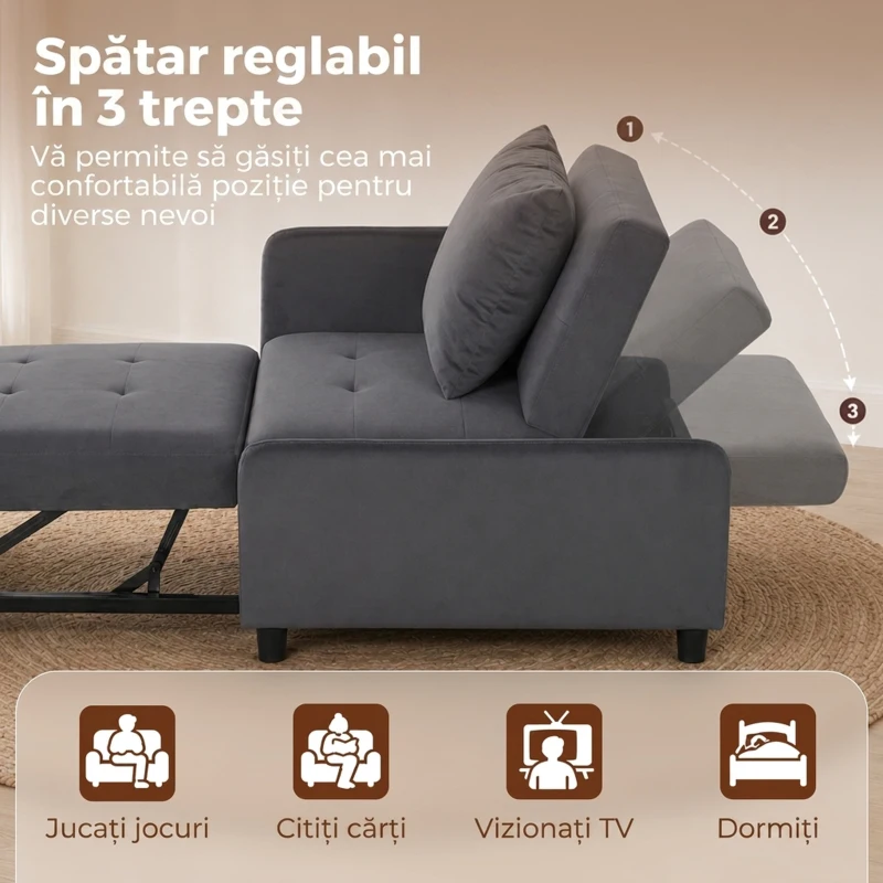 HOMCOM Fotoliu Extensibil 4 în 1 Tapițat, Rabatabil 3 Poziții, Catifea cu Roți, 73x90x83 cm, Gri Închis
