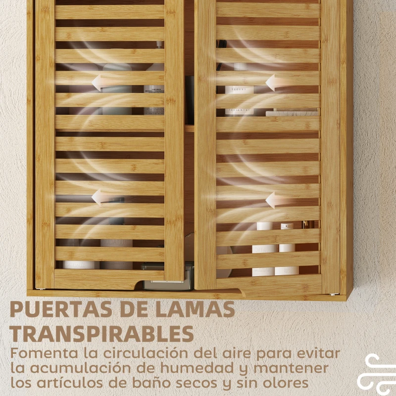 HOMCOM Armario de Baño de Pared de Bambú Mueble de Baño Colgante con Estante Ajustable Puertas de Lamas Natural