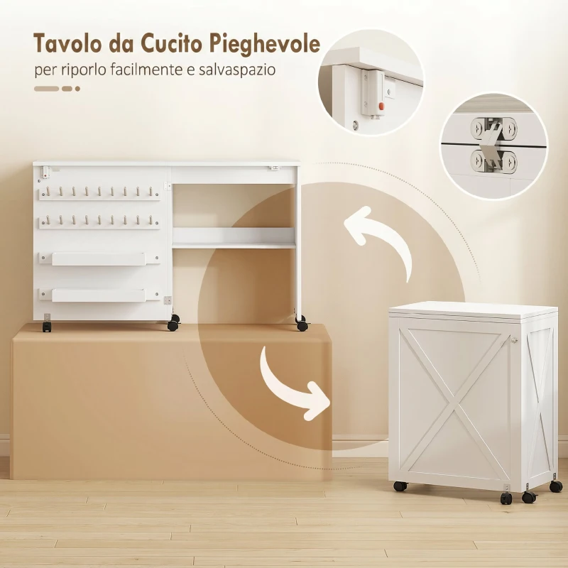 HOMCOM Mobile per Macchina da Cucire Pieghevole con 2 Contenitori, Mensola Inferiore, 18 Pioli per Bobine, Ruote, Bianco